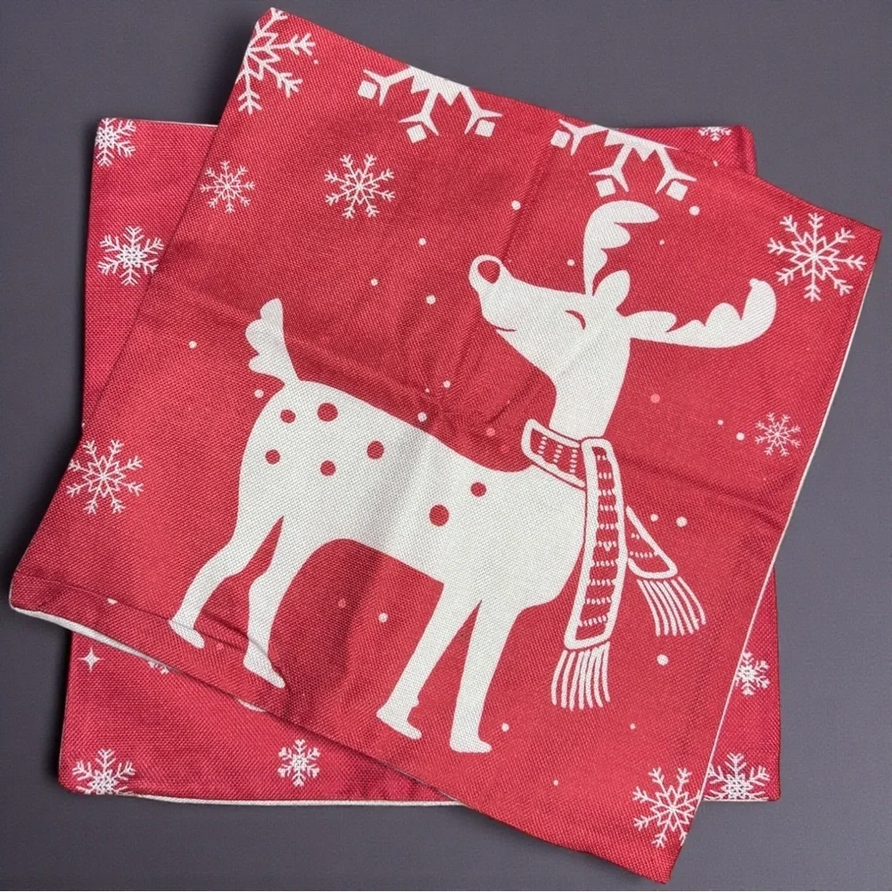 Christmas Pillow Covers 18x18 Set of 2 Red White Reindeer Merry Xmas Holiday